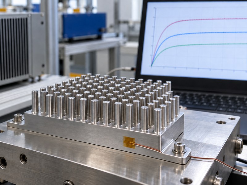 stainless steel pin fin heat sink with contact sensors and an unlabeled stabilization curve