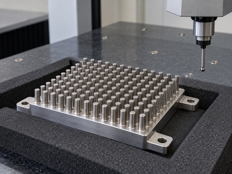 stainless steel pin fin heat sink sample protected in a foam tray beside inspection equipment