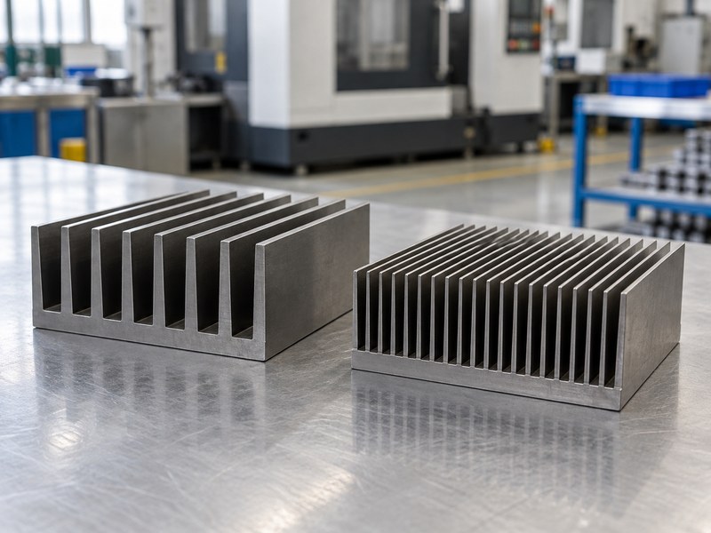 steel heat sink samples with open and closely spaced straight fin channels