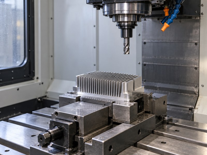 steel heat sink held securely inside a stopped CNC machining center