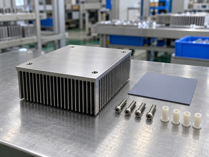 steel heat sink mounting face with separate interface pad bolts and insulating shoulder washers