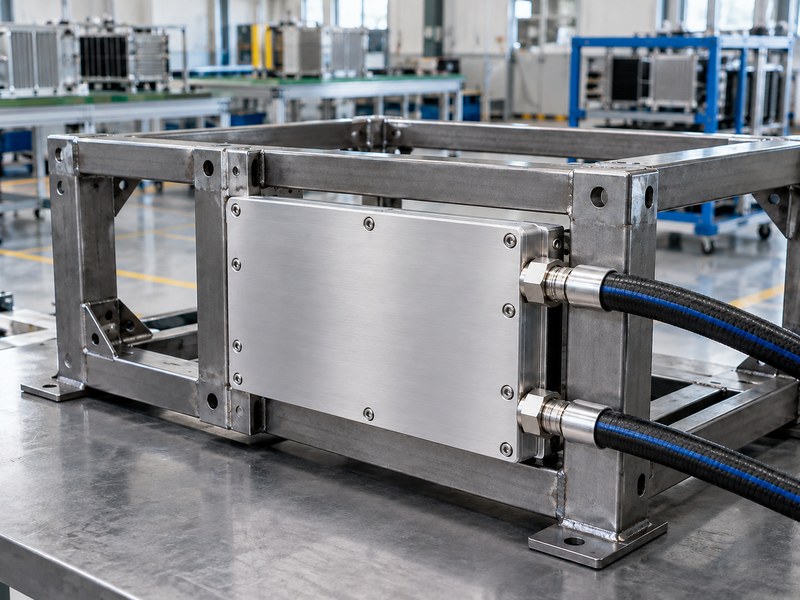 steel heat sink support frame with a sealed cold plate and connected inlet and outlet hoses