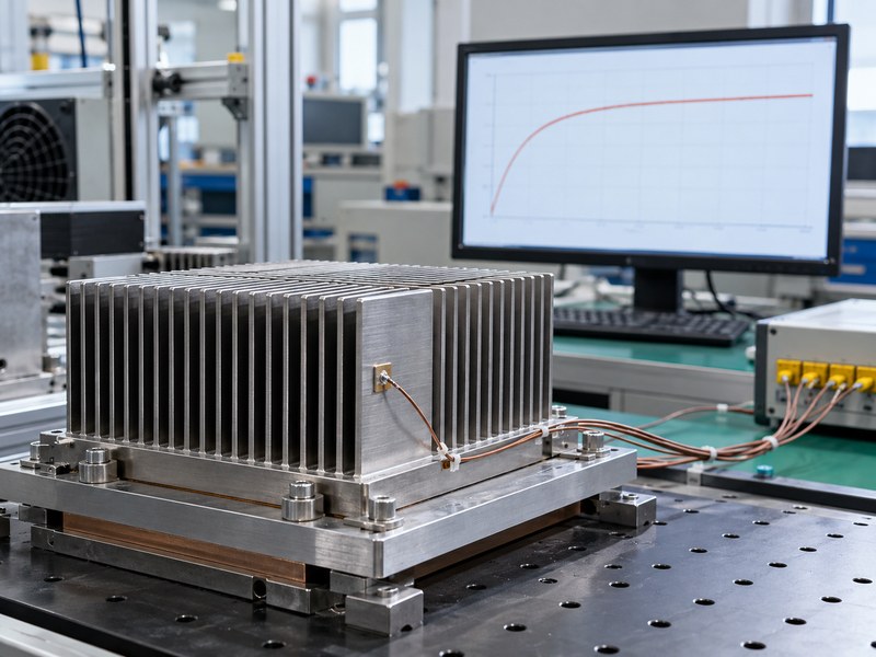 steel heat sink instrumented with contact thermocouples beside a temperature trend display
