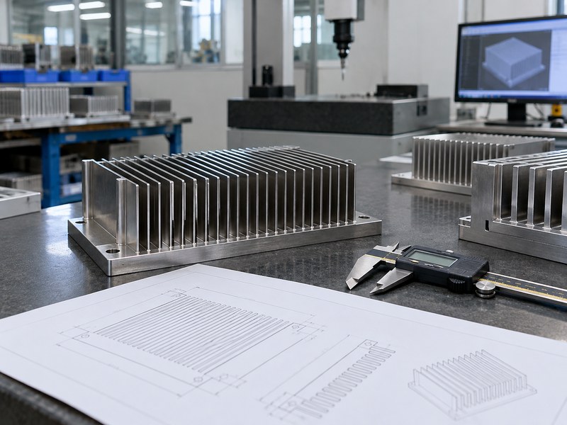 steel heat sink final inspection setup with a caliper and blank engineering drawing