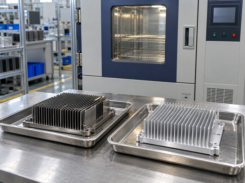 steel heat sink vs aluminum specimens beside an environmental qualification chamber