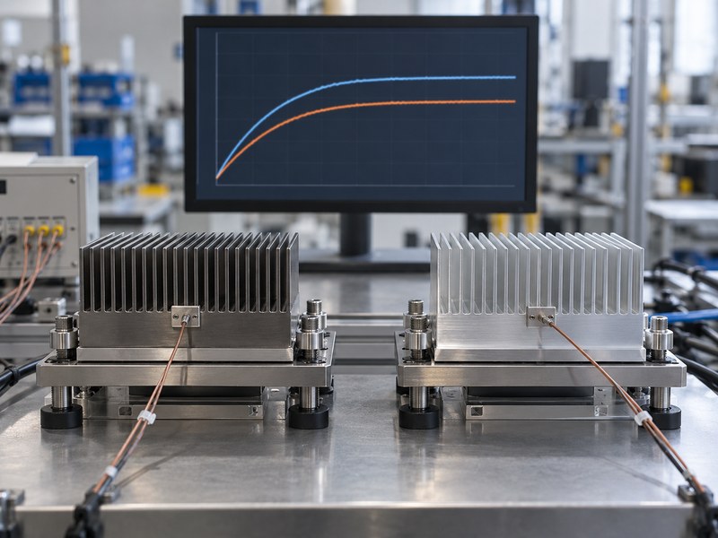 steel heat sink vs aluminum test specimens with separate contact sensors and unlabeled temperature trends