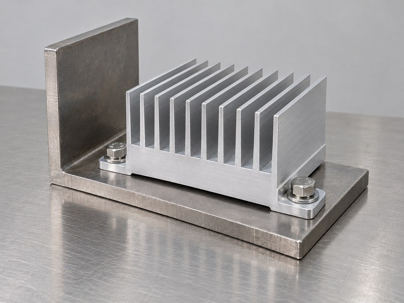 Structural integrity aluminum heat sink mounted through its base ears to a metal bracket