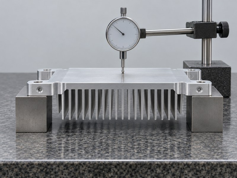 Structural integrity aluminum heat sink with its base underside supported for flatness inspection