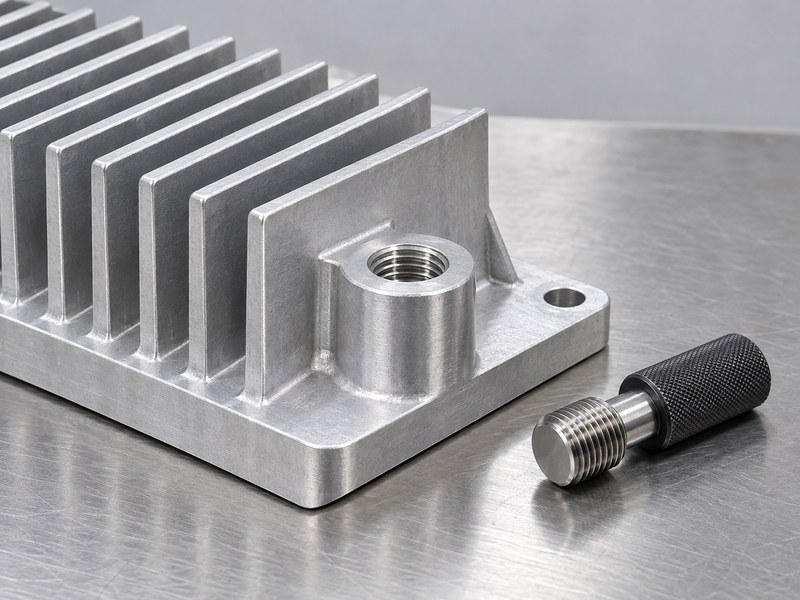 Structural integrity aluminum heat sink base boss with a thread hole and separate gauge