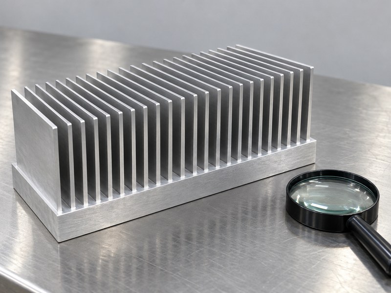 Structural integrity aluminum heat sink fin roots inspected beside a plain magnifier