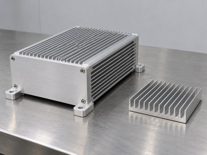 Structural radiator aluminum heat sink enclosure beside a separate finned cooling component