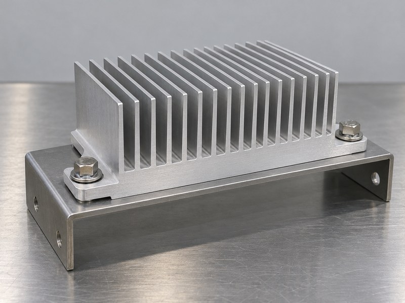 Structural radiator aluminum heat sink fastened through thick base ears to a bracket