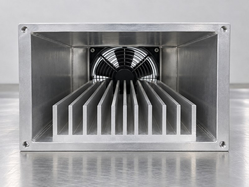 Structural radiator aluminum heat sink channels aligned with a rear fan in an air duct