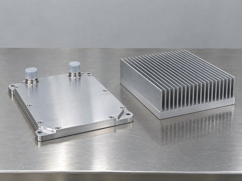 Structural radiator aluminum heat sink beside a separate closed two-port cold plate