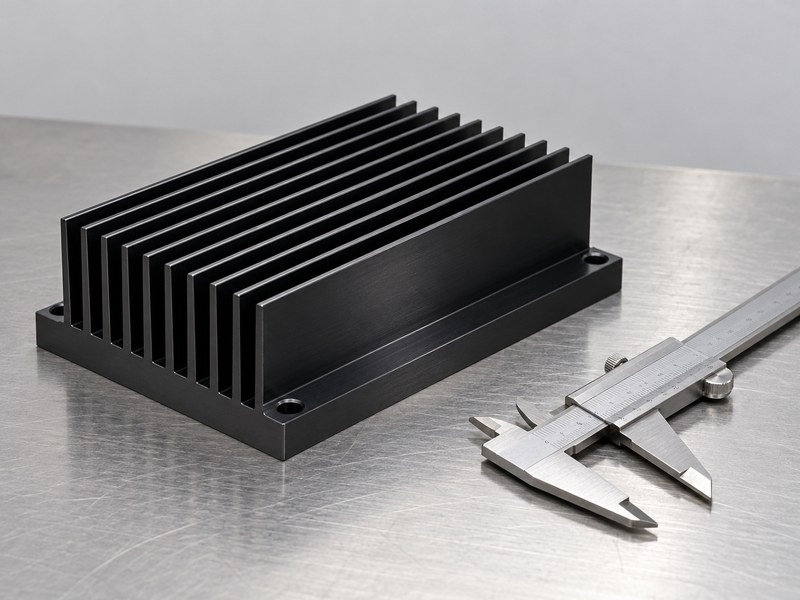 Supply anodized heat sink wholesaler sample beside a separate inspection caliper