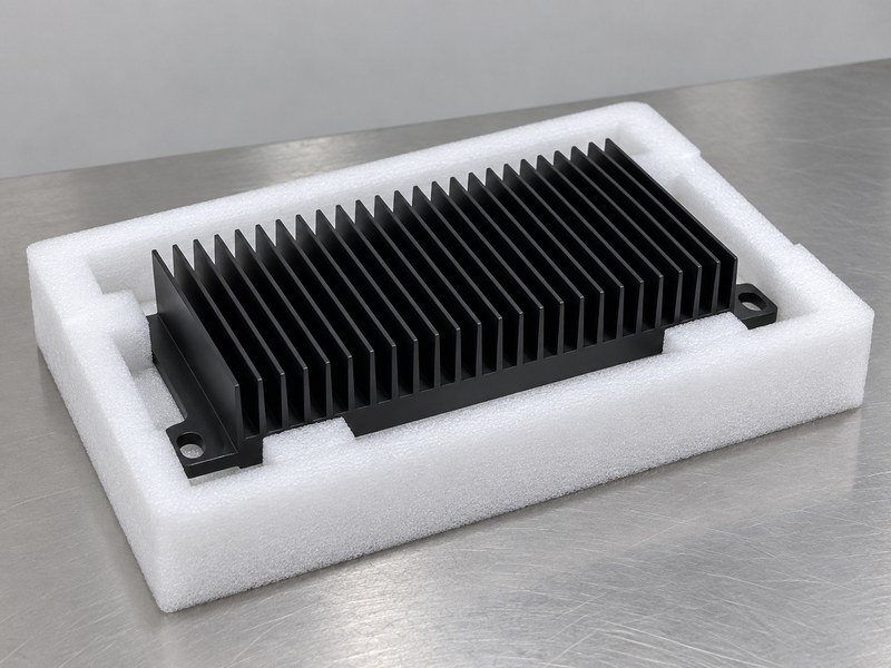 Supply anodized heat sink wholesaler part with its base supported in protective foam