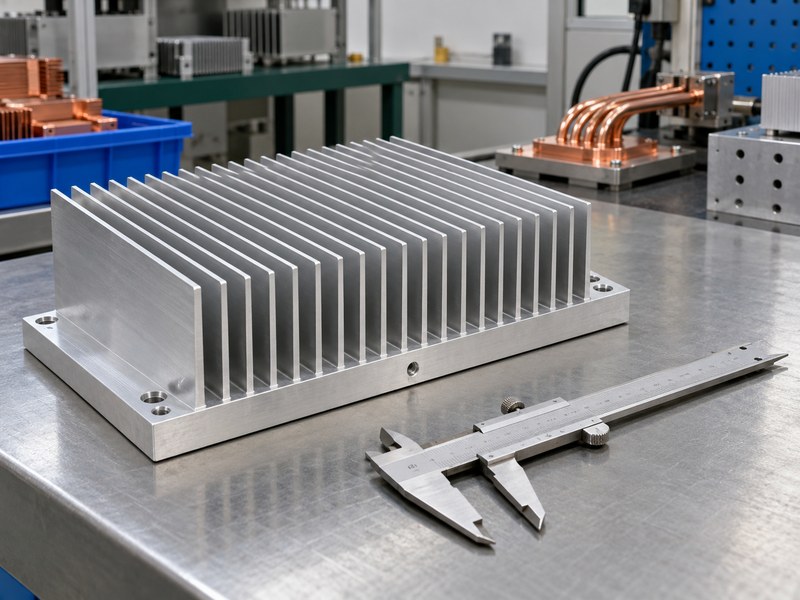 Surface treated aluminum heat sink and caliper prepared for dimensional inspection