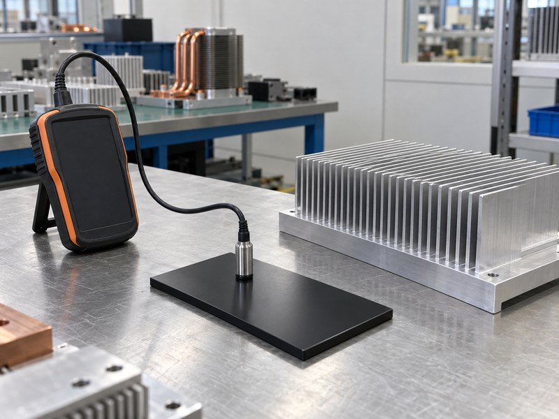 Surface treated aluminum heat sink beside a coating-thickness probe on a witness coupon