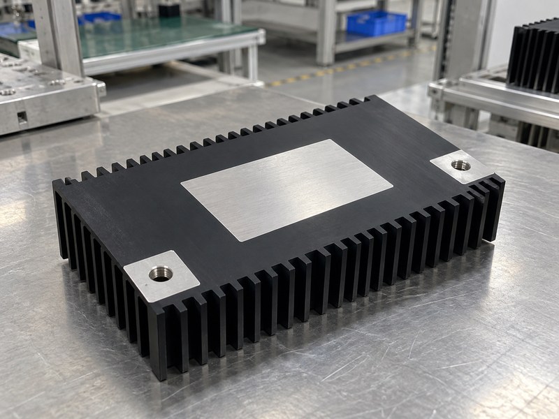 Surface treated aluminum heat sink underside with defined silver masking lands