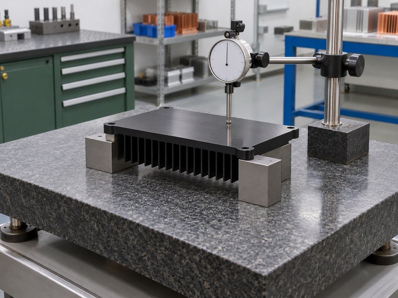 Surface treated aluminum heat sink on a supported precision inspection setup