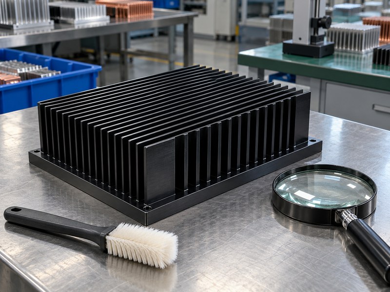 Surface treated aluminum heat sink channels inspected beside a soft brush