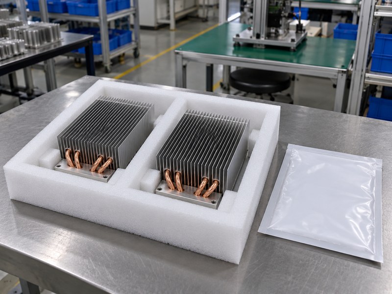 Surface treated aluminum heat sink parts protected in separate foam compartments