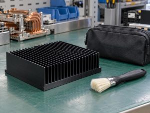 Surface treated heat sink beside a soft brush and service tools