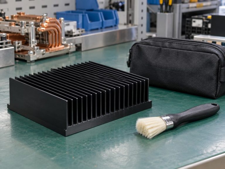 Surface treated heat sink beside a soft brush and service tools