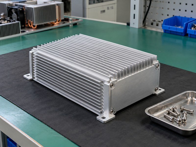 Surface treated heat sink enclosure isolated on a service mat