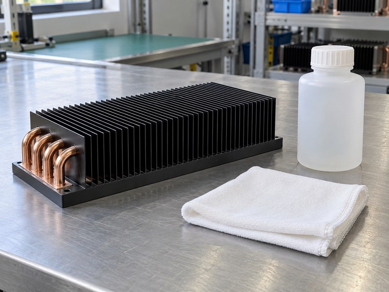 Surface treated heat sink beside a lint-free cloth and sealed bottle
