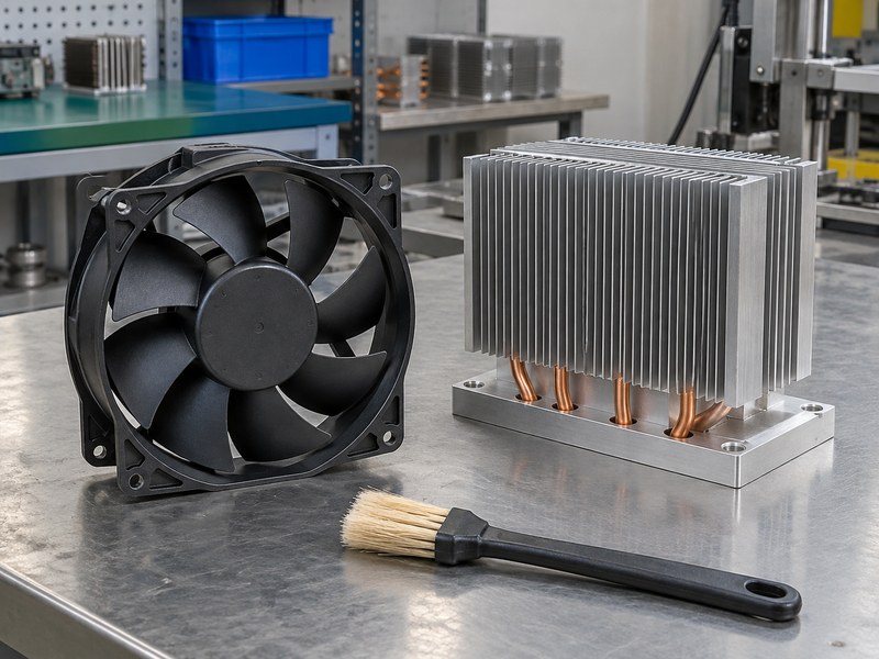 Surface treated heat sink beside a separate stationary fan