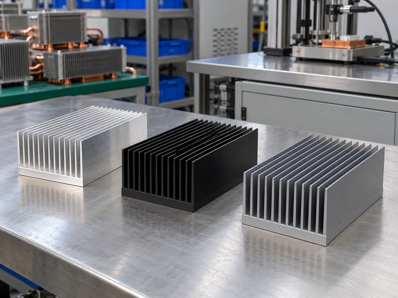 Surface treated radiator aluminum heat sink finish samples on an inspection bench