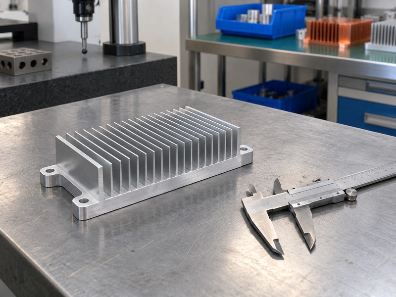 Surface treated radiator aluminum heat sink base and caliper prepared for inspection