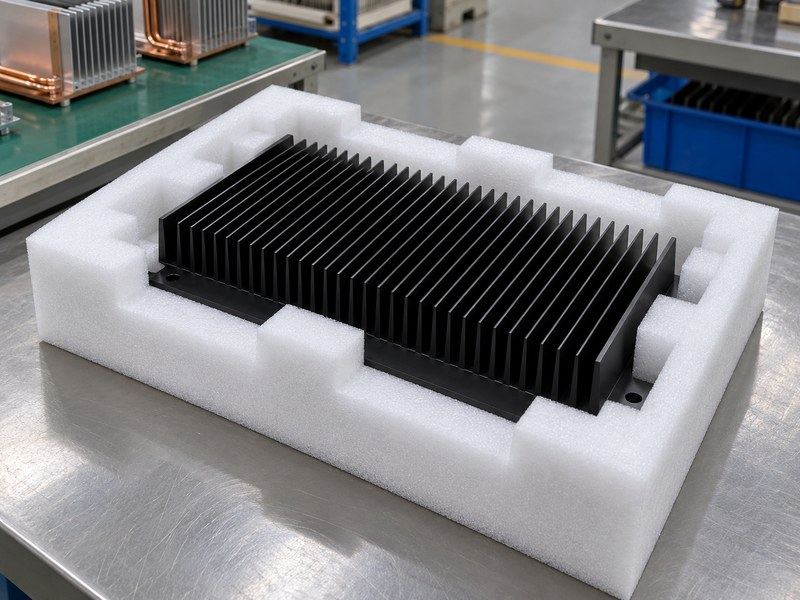 Surface treated radiator aluminum heat sink supported in a protective foam tray