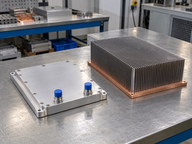 Surface treated radiator heat sink beside a closed two-port liquid cold plate