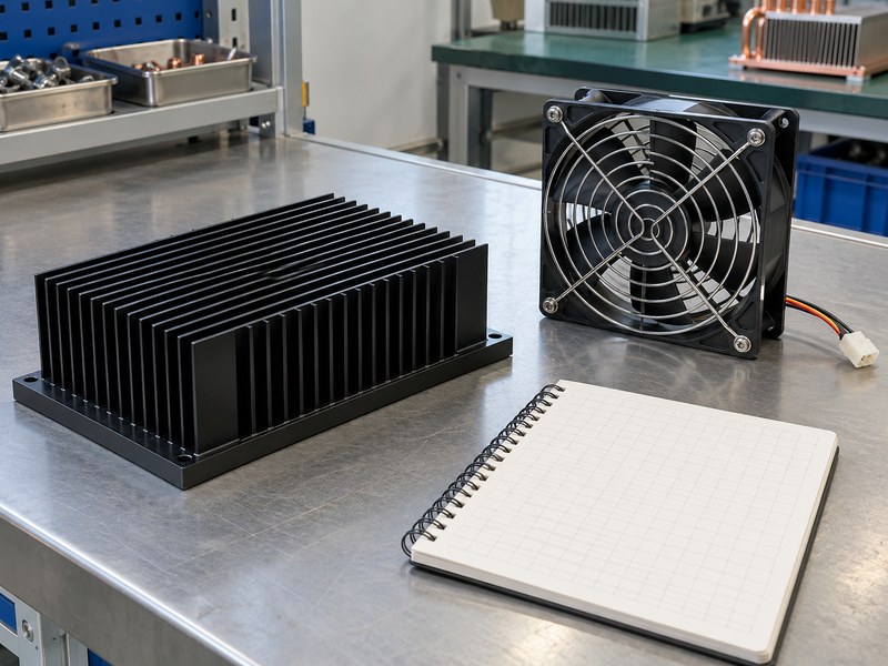 Surface treated radiator heat sink test-review bench and unmarked notebook