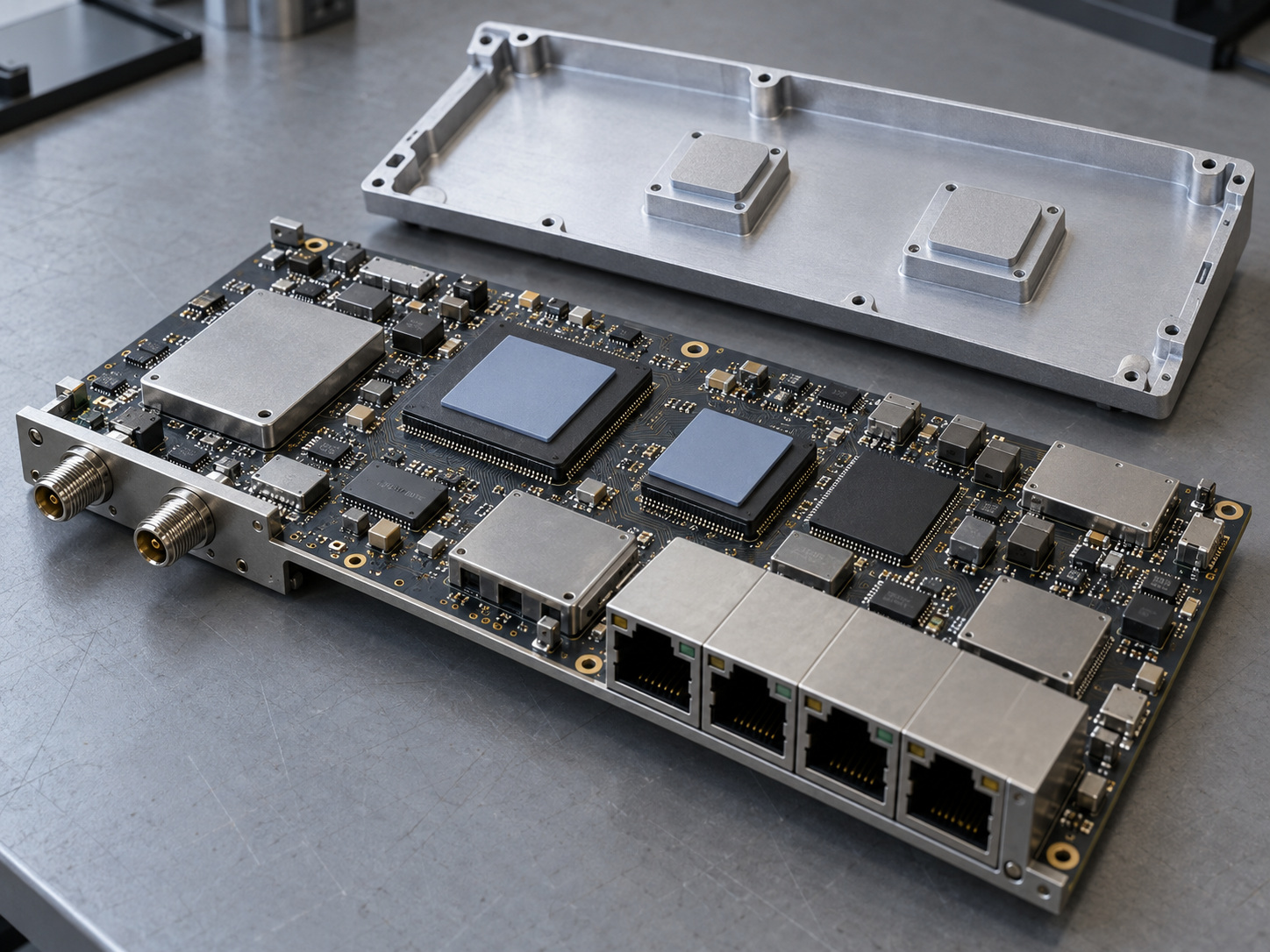 Communications electronics with local thermal pads beneath a shared cooling cover