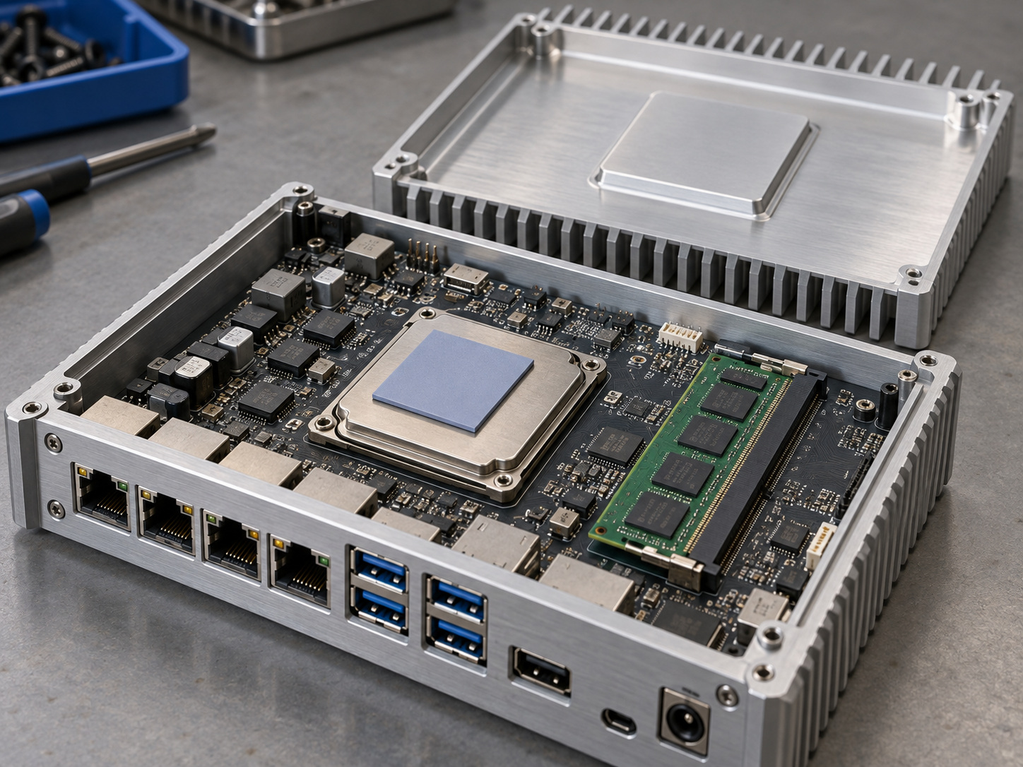 Fanless industrial computer with a thermal pad on the processor heat spreader
