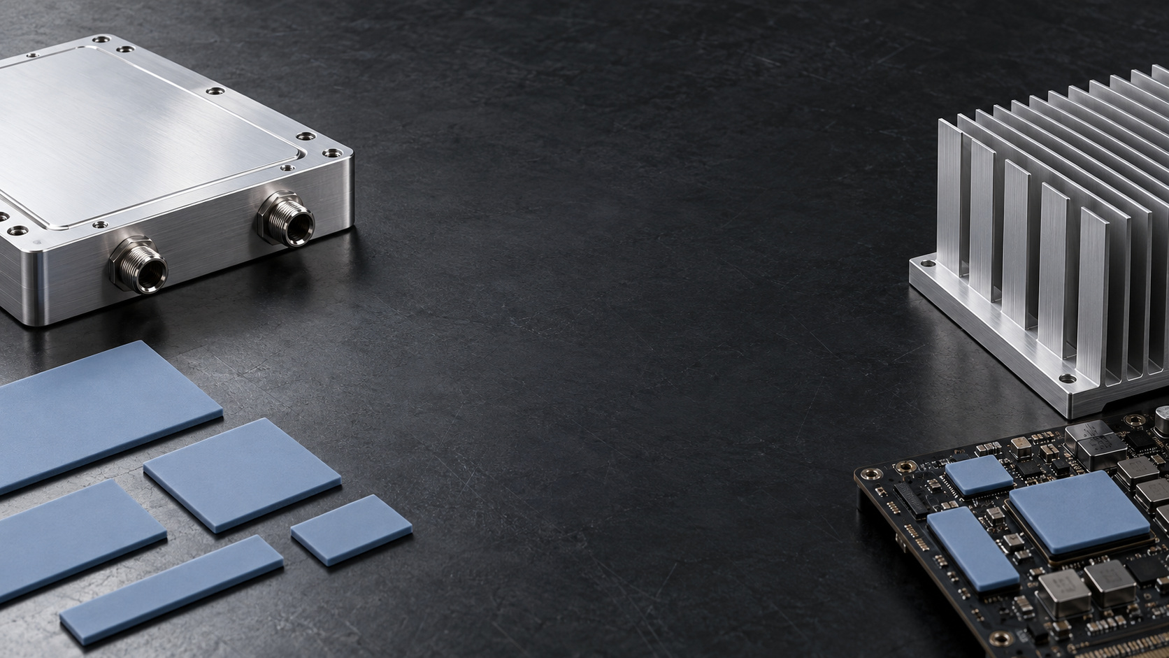 Thermal pads with machined cooling hardware on an engineering bench