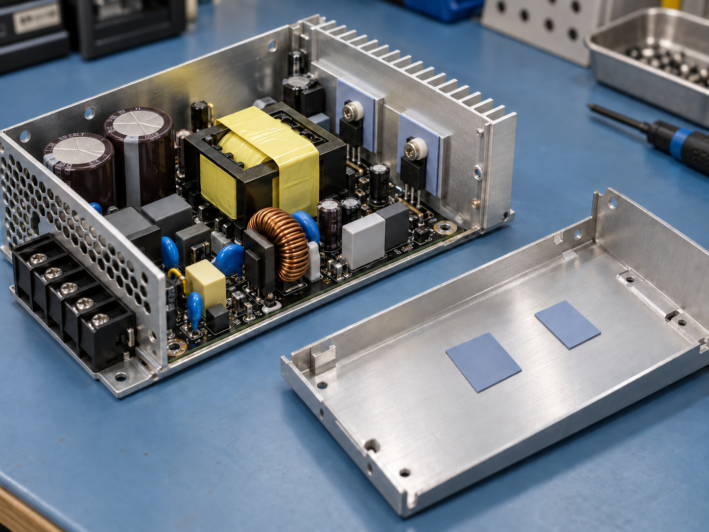 Open industrial power supply with thermal interface pads at the cooling housing