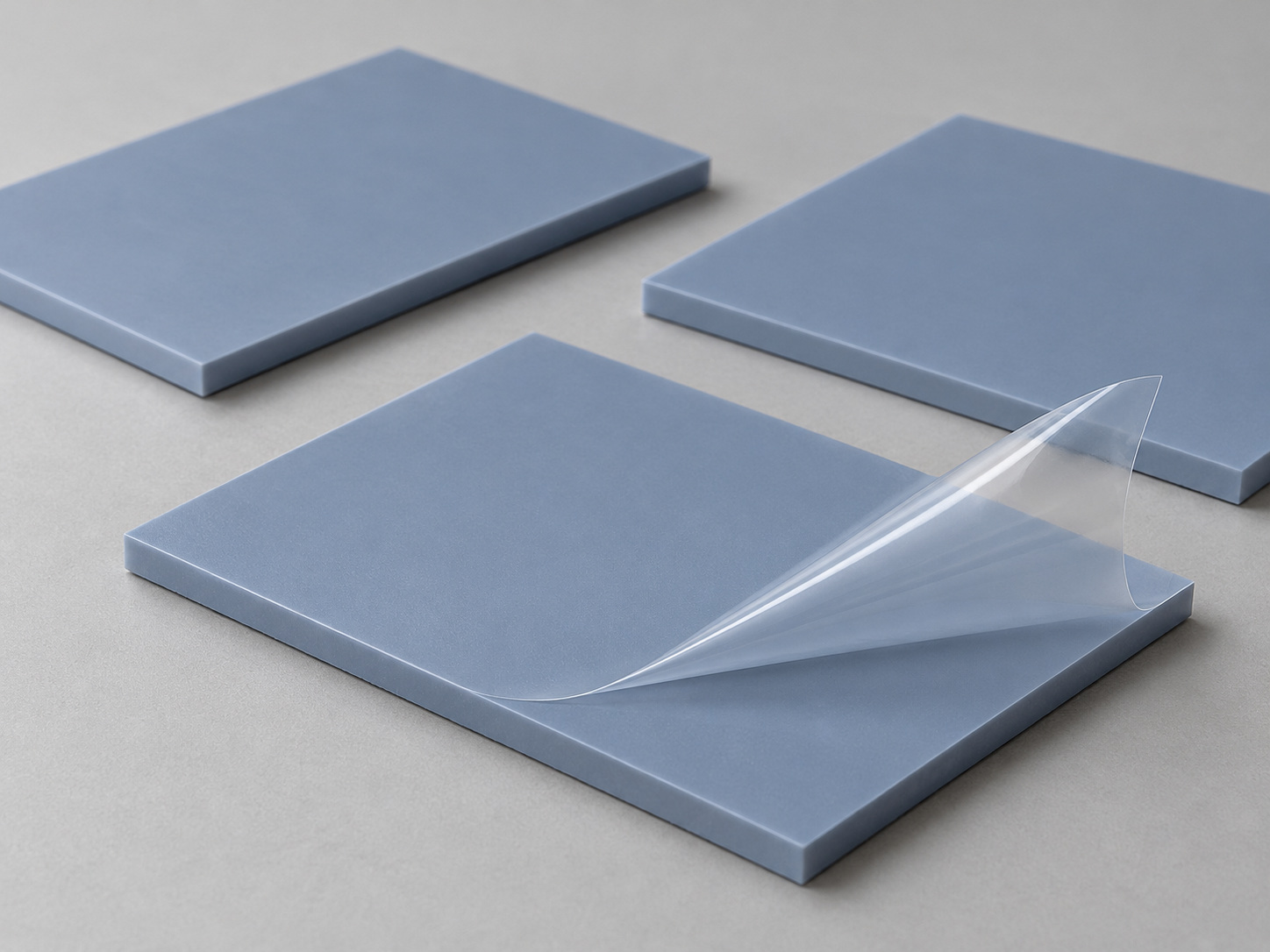 Soft blue-grey thermal pad with transparent release liner peeled at one corner