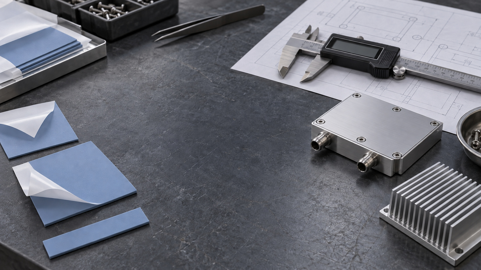 Thermal interface engineering workspace with pad samples and cooling components