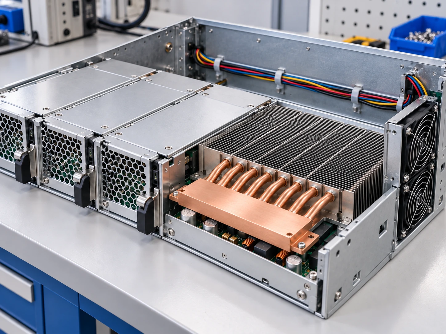 Telecom power shelf unit with heat pipe cooling assembly