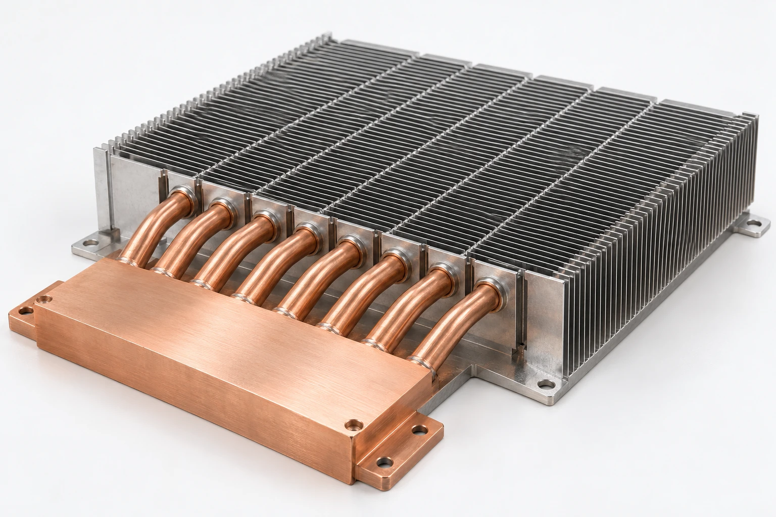 Low-profile rectangular heat pipe heat sink assembly with eight parallel sealed copper heat pipes, copper contact block and silver aluminum zipper fins