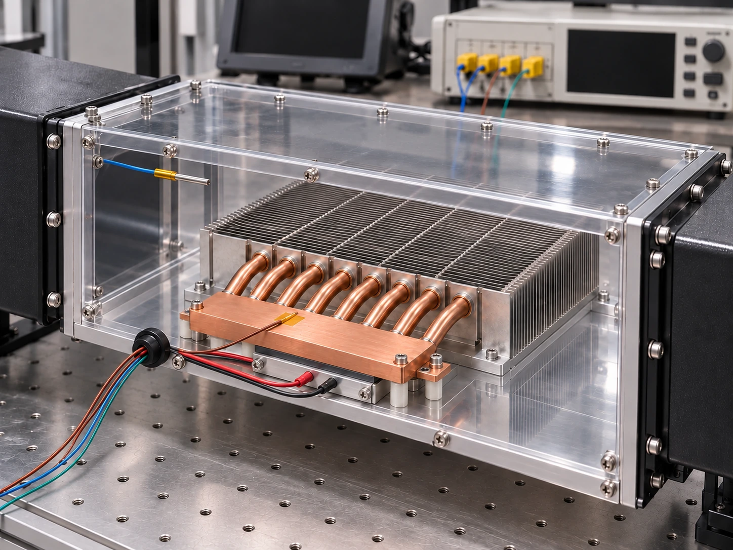 Controlled thermal validation test bench with heat pipe cooling assembly inside flow duct