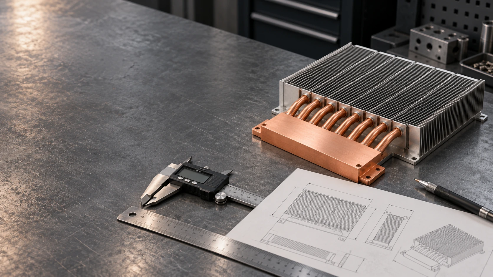 Thermal engineering workstation with blueprints and prototype assembly