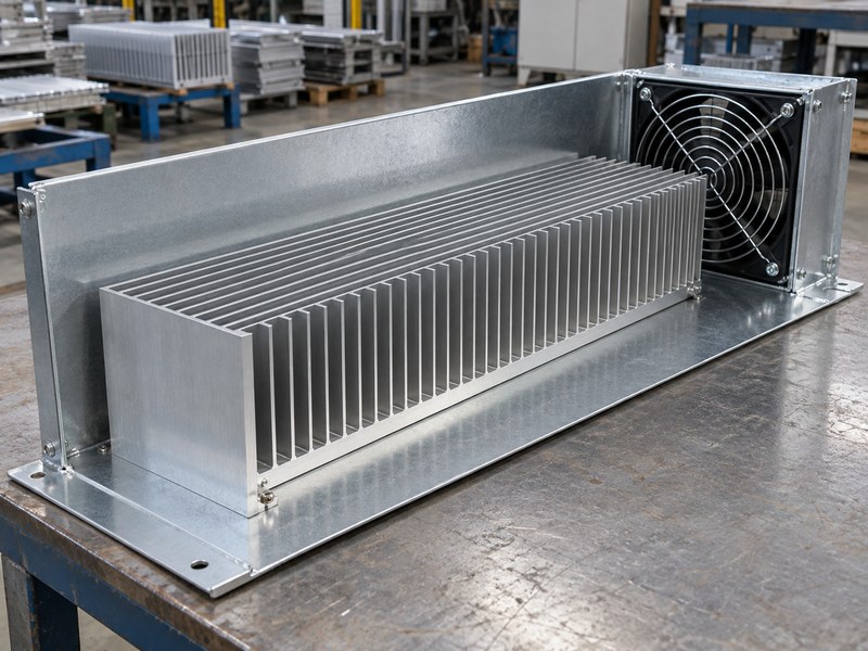 Straight parallel fins on a transportation heat sink beside a blower duct
