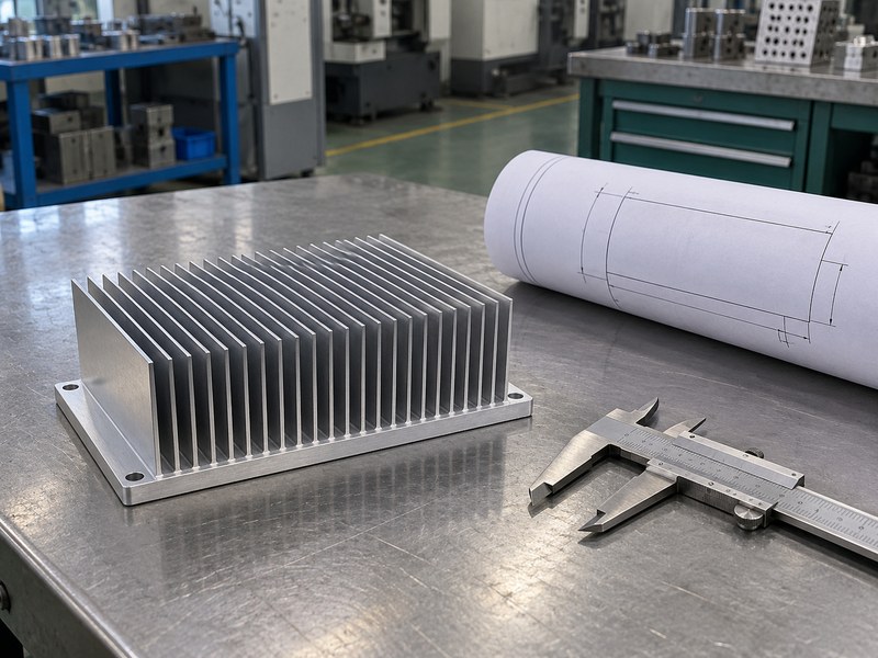 Transportation heat sink sample and unmarked engineering drawing at review