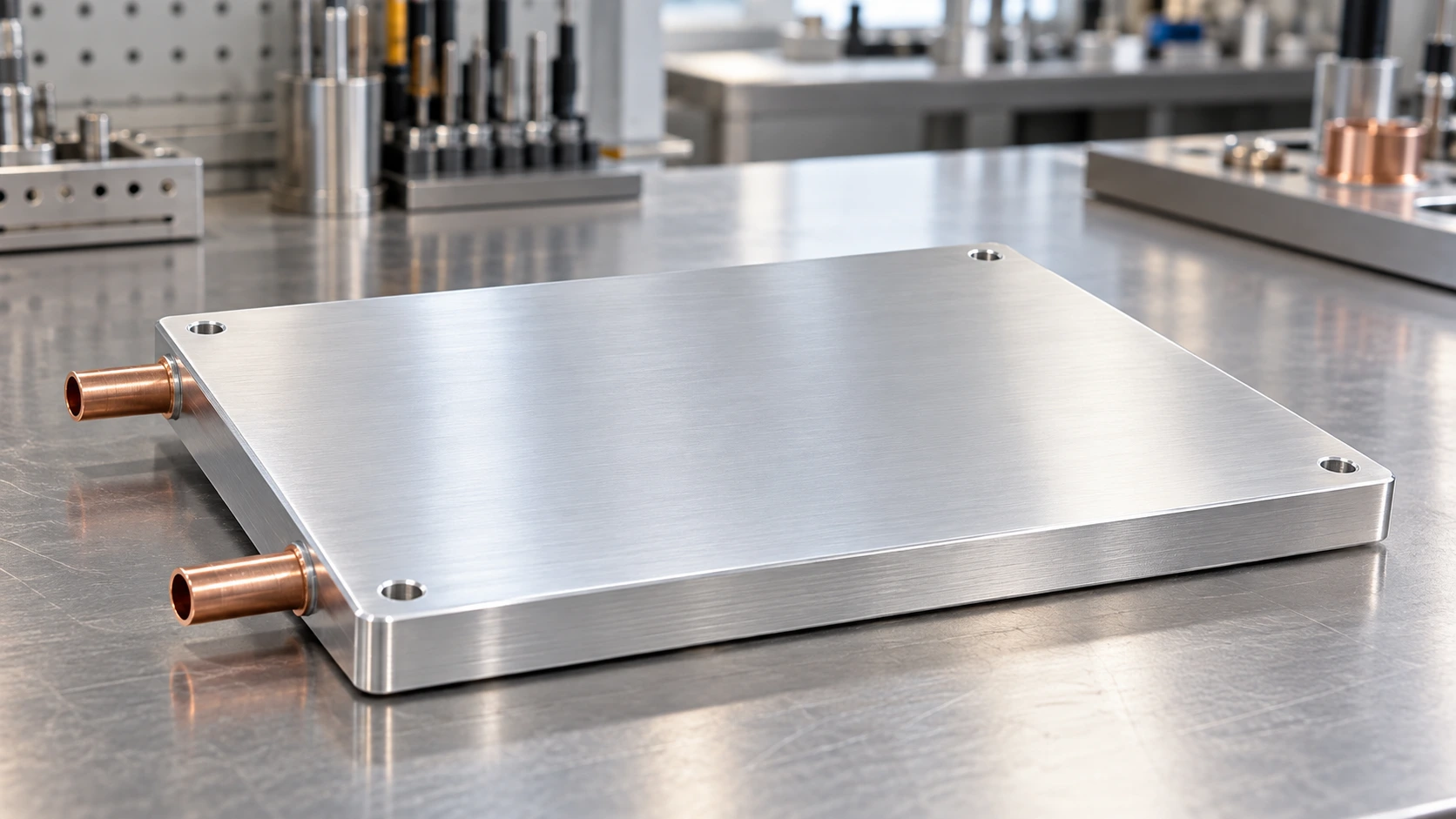Precision-machined tube-in-plate cold plate with two copper tube ends on an engineering bench
