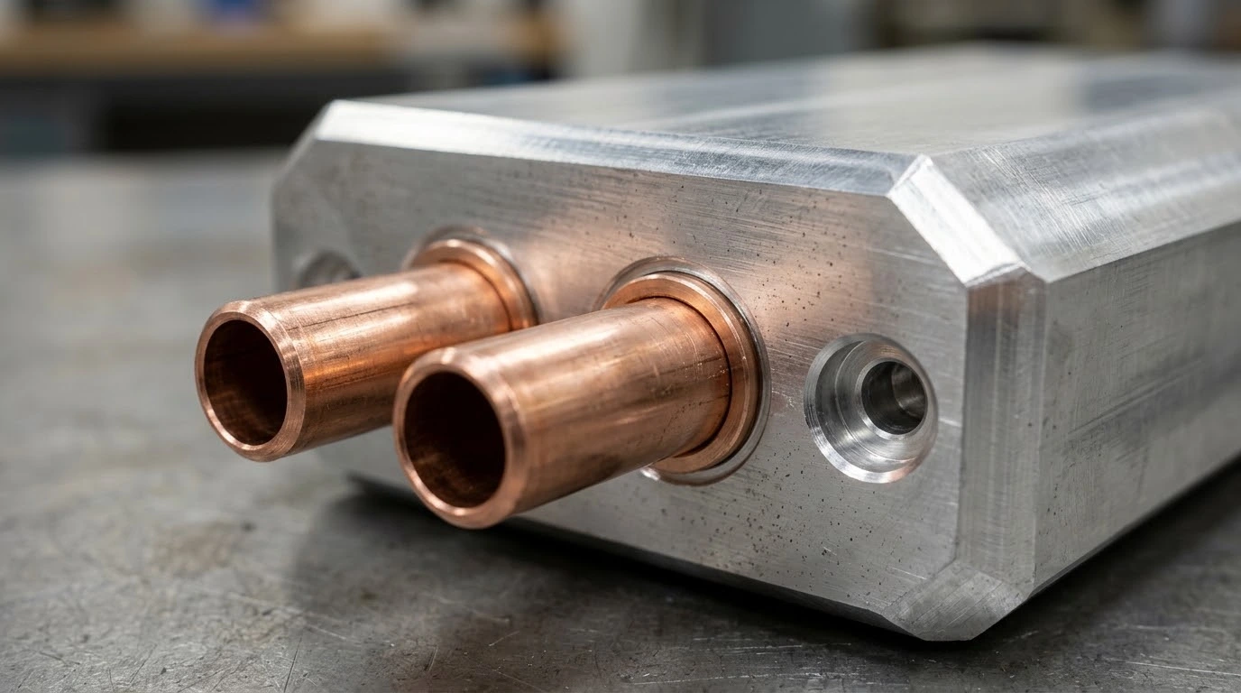 Two open copper tube terminations at the side of a machined aluminum cold plate